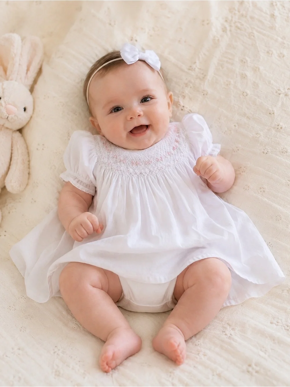 Petit Ami White Hand Embroidered Baby gown with bonnet